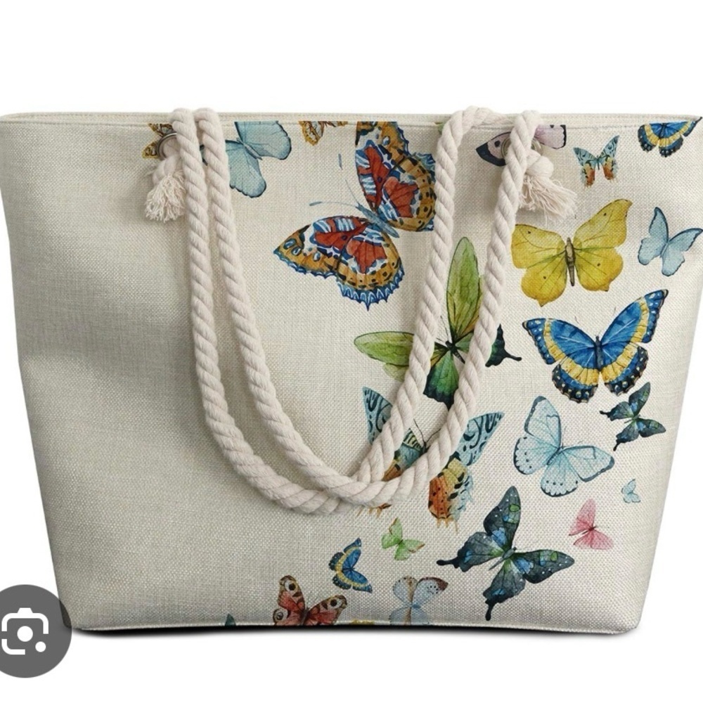 Cream Butterfly Print Tote Bag with Rope Handles
